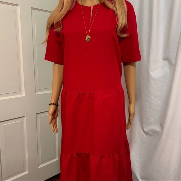 MISOOK TIERED DRESS IN BEAUTIFUL SUNSET RED LOOSE FITTING SHORT SLEEVED NWOT - Picture 4 of 7